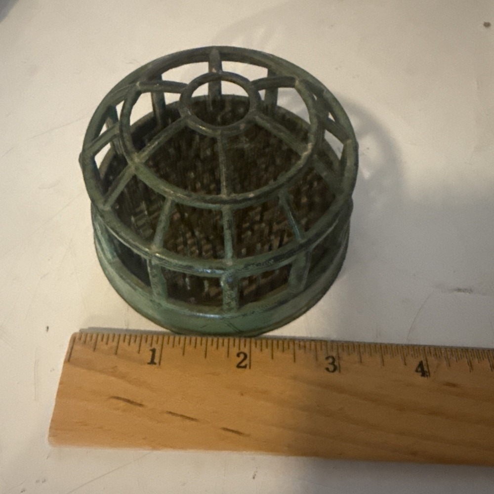 Vintage Antique Green Metal Florist Flower Frog Dome Cage With Spiked Base